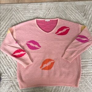 Main Strip V-Neck Sweater with Lip Design in Pink and Orange